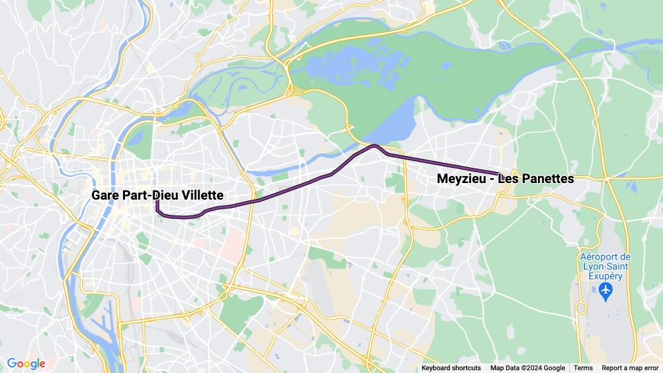 Lyon sporvognslinje T3: Gare Part-Dieu Villette - Meyzieu - Les Panettes linjekort