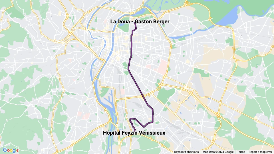Lyon sporvognslinje T4: La Doua - Gaston Berger - Hôpital Feyzin Vénissieux linjekort