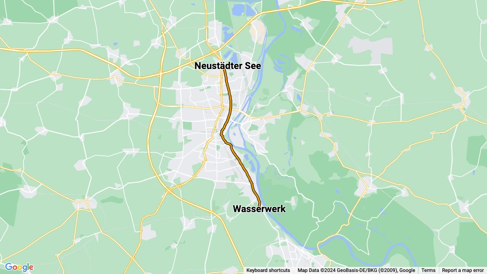 Magdeburg ekstralinje 8: Wasserwerk - Neustädter See linjekort