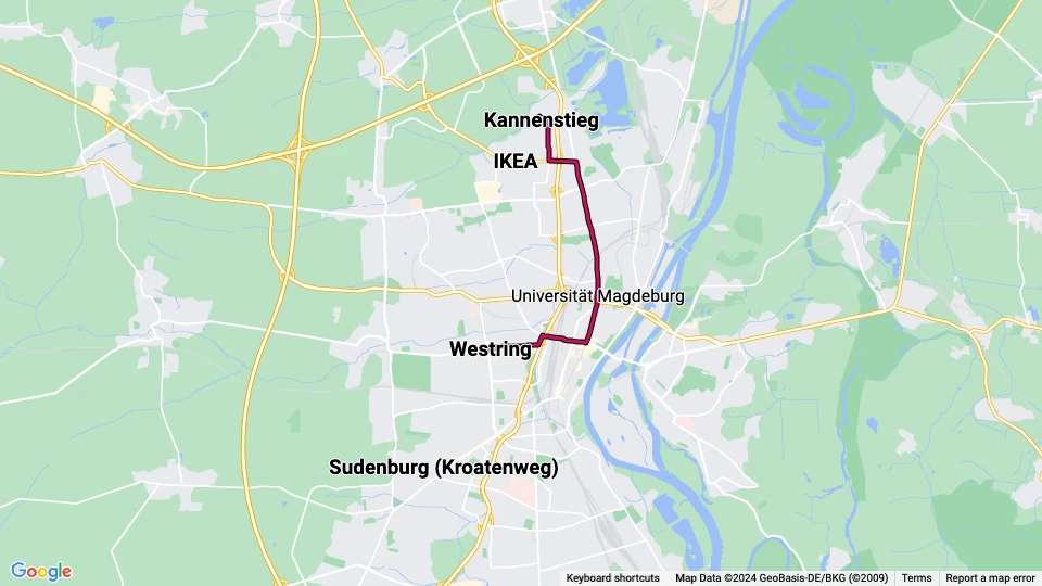 Magdeburg sporvognslinje 1: Kannenstieg - Westring linjekort