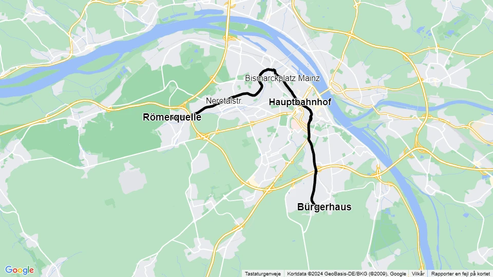 Mainz sporvognslinje 50: Römerquelle - Bürgerhaus linjekort