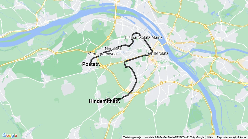 Mainz sporvognslinje 51: Poststr. - Hindemithstr. linjekort