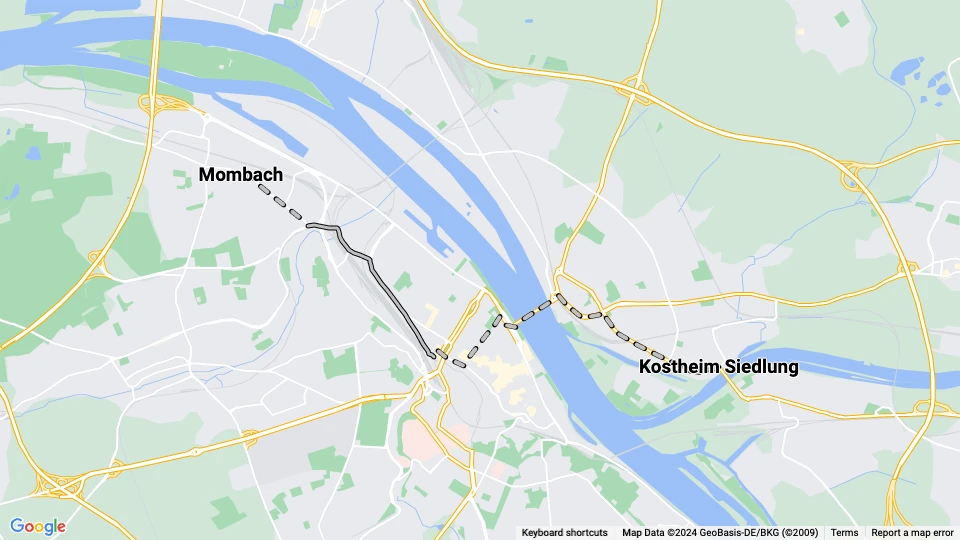 Mainz sporvognslinje 7: Kostheim Siedlung - Mombach linjekort