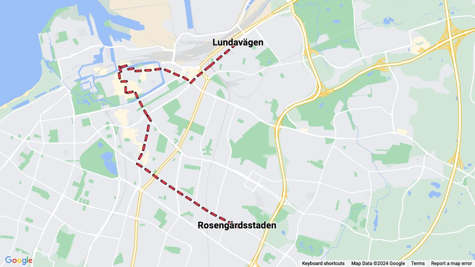 Malmø sporvognslinje 1: Lundavägen - Rosengårdsstaden linjekort