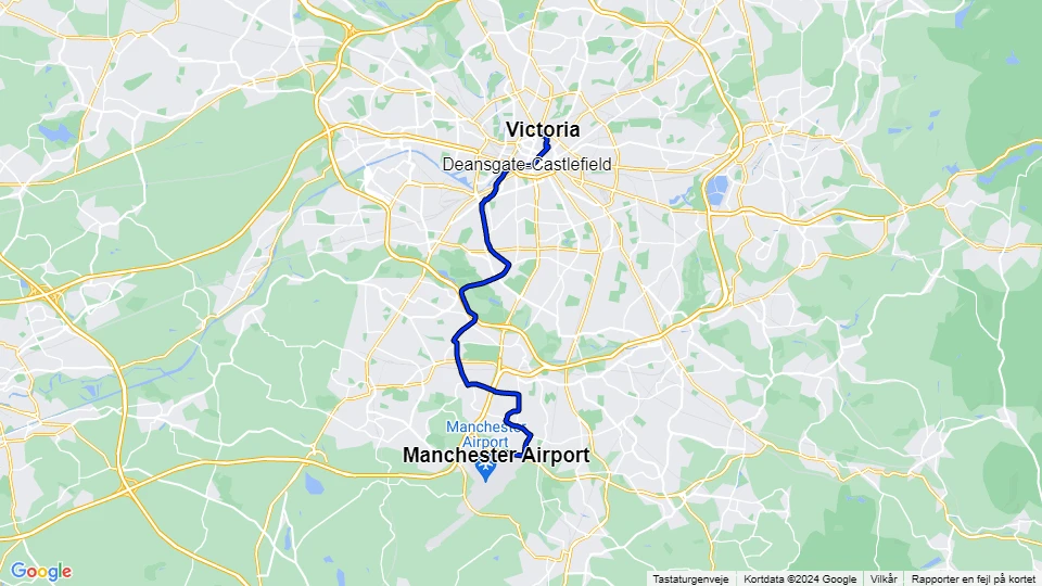 Manchester sporvognslinje Blå: Manchester Airport - Victoria linjekort