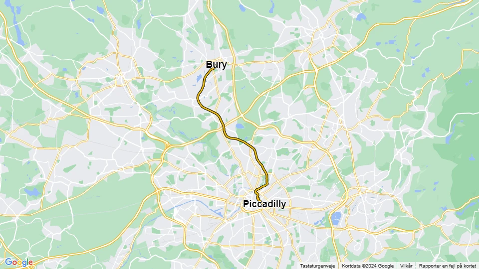 Manchester sporvognslinje Gul: Bury - Piccadilly linjekort