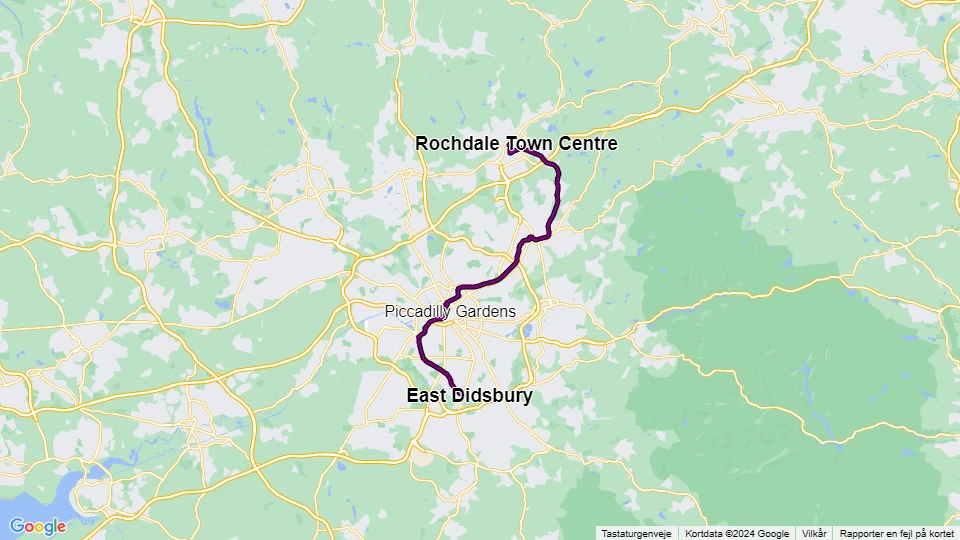 Manchester sporvognslinje Lilla: East Didsbury - Rochdale Town Centre linjekort