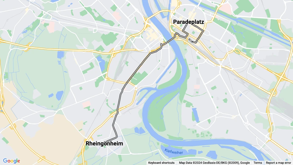 Mannheim ekstralinje 17: Paradeplatz - Rheingönheim linjekort