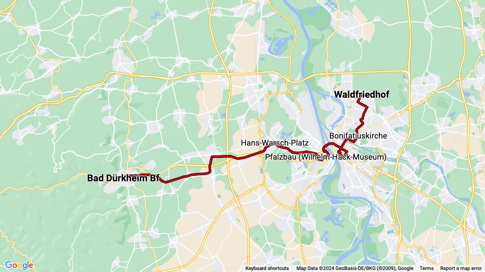 Mannheim regionallinje 4: Waldfriedhof - Bad Dürkheim Bf linjekort