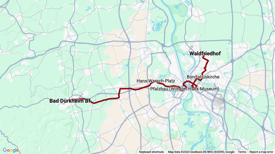 Mannheim Rhein-Haardtbahn 4: Waldfriedhof - Bad Dürkheim Bf linjekort