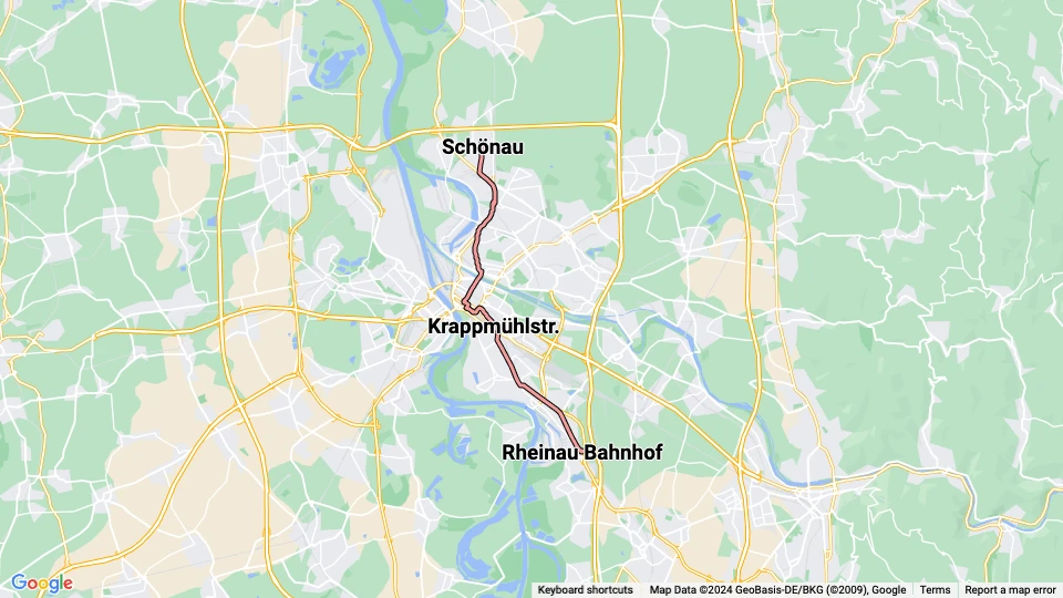 Mannheim sporvognslinje 1: Schönau - Rheinau Bahnhof linjekort
