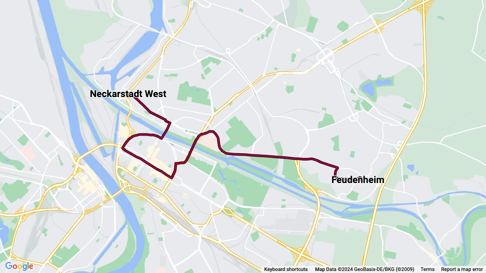 Mannheim sporvognslinje 2: Feudenheim - Neckarstadt West linjekort