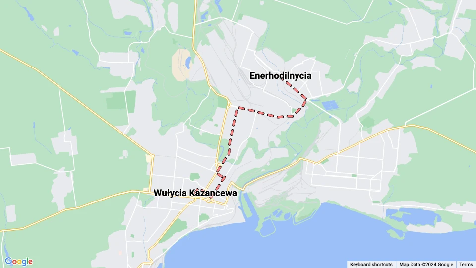 Mariupol sporvognslinje 1: Enerhodilnycia - Wułycia Kazancewa linjekort