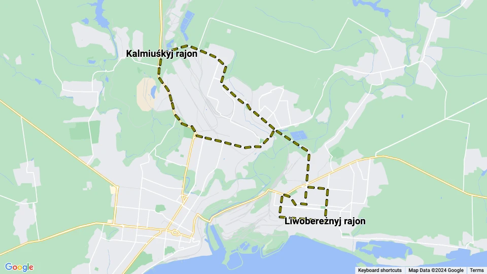 Mariupol sporvognslinje 11: Liwobereżnyj rajon - Kalmiuśkyj rajon linjekort