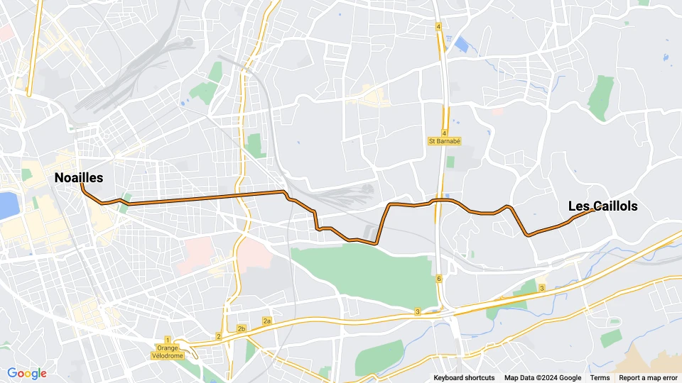 Marseille sporvognslinje T1: Les Caillols - Noailles linjekort
