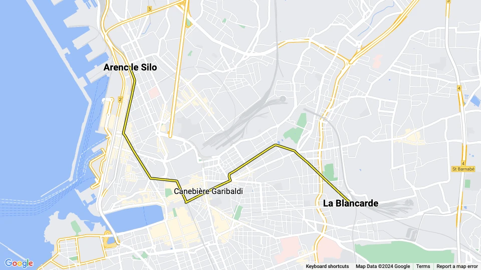 Marseille sporvognslinje T2: Arenc le Silo - La Blancarde linjekort