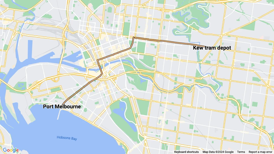 Melbourne ekstralinje 109d: Port Melbourne - Kew tram depot linjekort