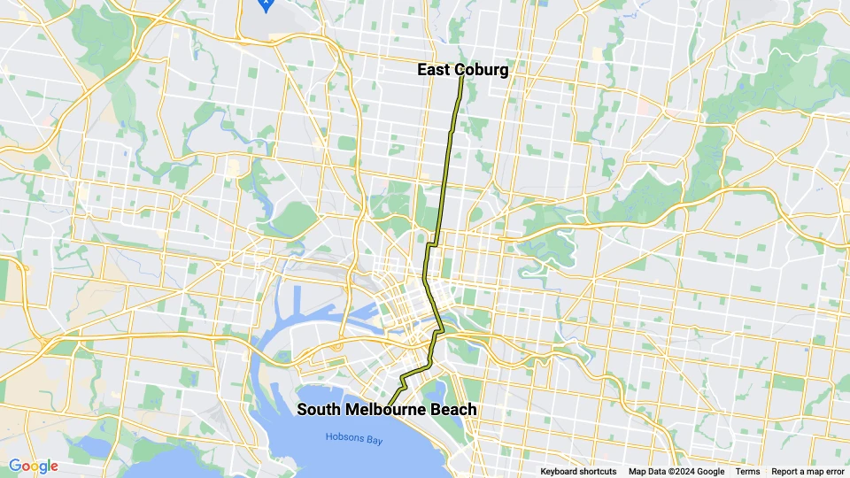 Melbourne sporvognslinje 1: East Coburg - South Melbourne Beach linjekort