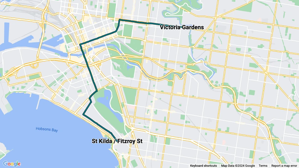 Melbourne sporvognslinje 12: Victoria Gardens - St Kilda / Fitzroy St linjekort