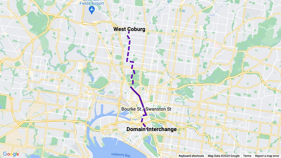 Melbourne sporvognslinje 55: West Coburg - Domain Interchange linjekort