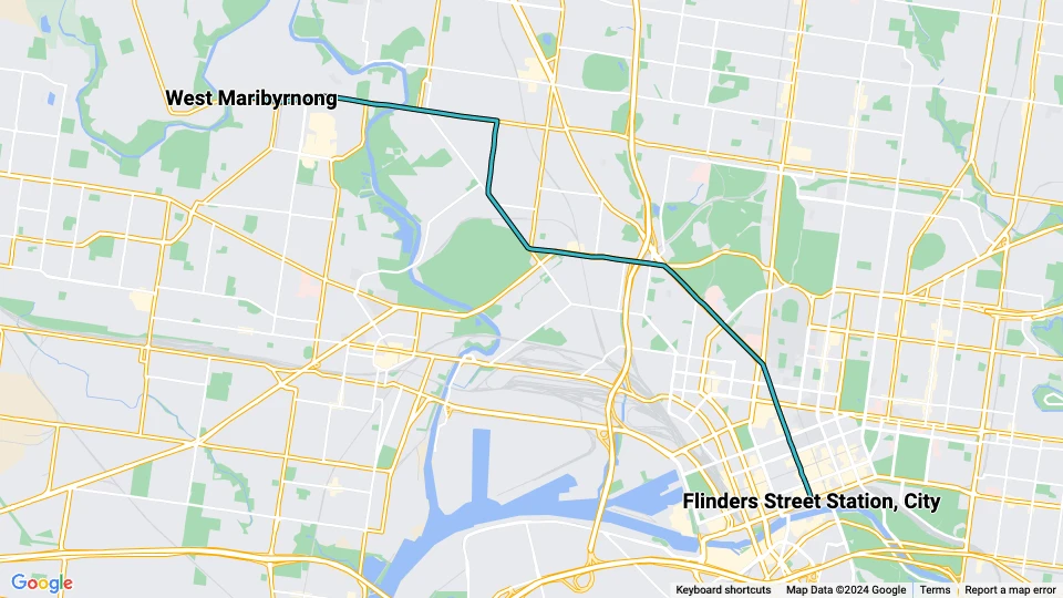 Melbourne sporvognslinje 57: West Maribyrnong - Flinders Street Station, City linjekort