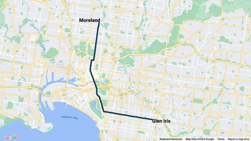 Melbourne sporvognslinje 6: Moreland - Glen Iris linjekort