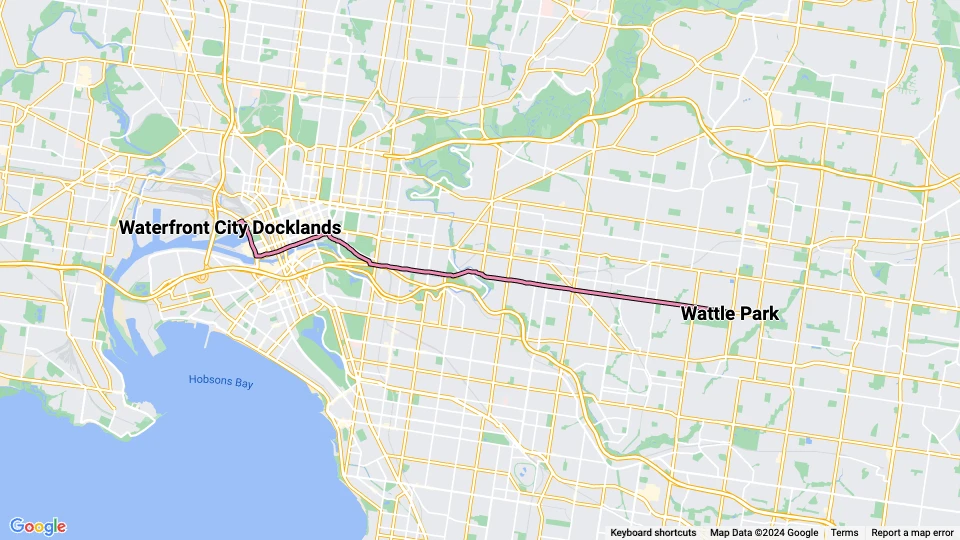 Melbourne sporvognslinje 70: Waterfront City Docklands - Wattle Park linjekort