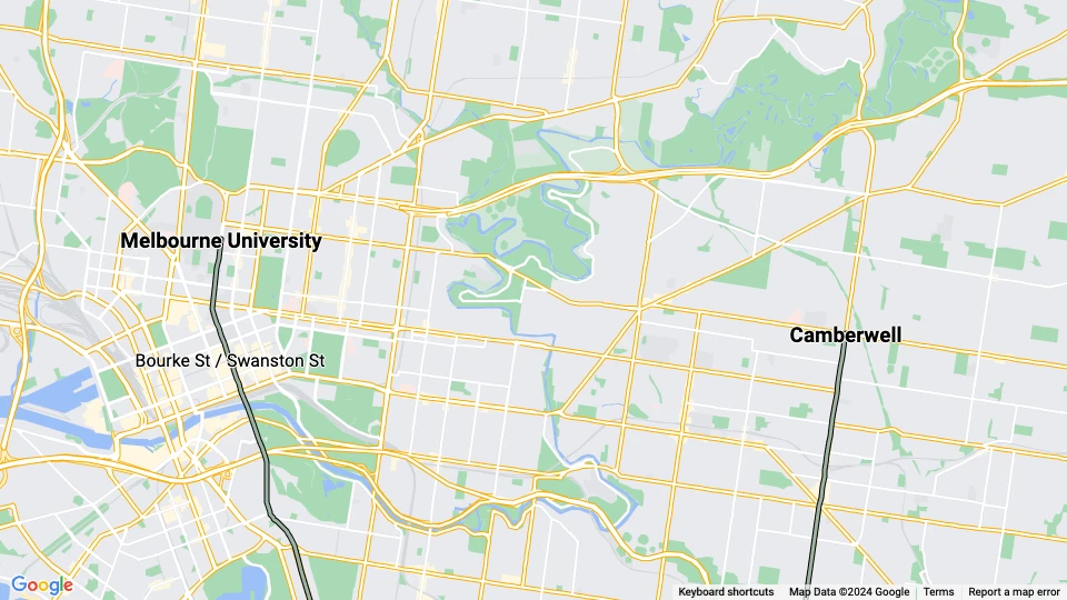 Melbourne sporvognslinje 72: Melbourne University - Camberwell linjekort