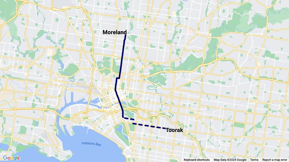 Melbourne sporvognslinje 8: Moreland - Toorak linjekort