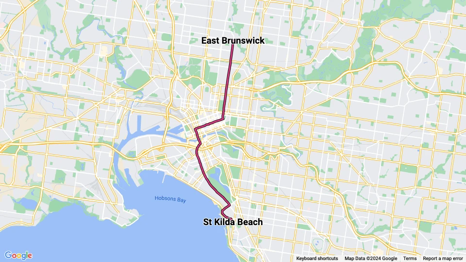 Melbourne sporvognslinje 96): East Brunswick - St Kilda Beach linjekort