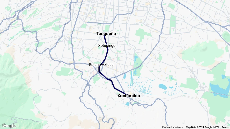 Mexico City sporvognslinje El Tren Ligero Línea 1: Tasqueña - Xochimilco linjekort