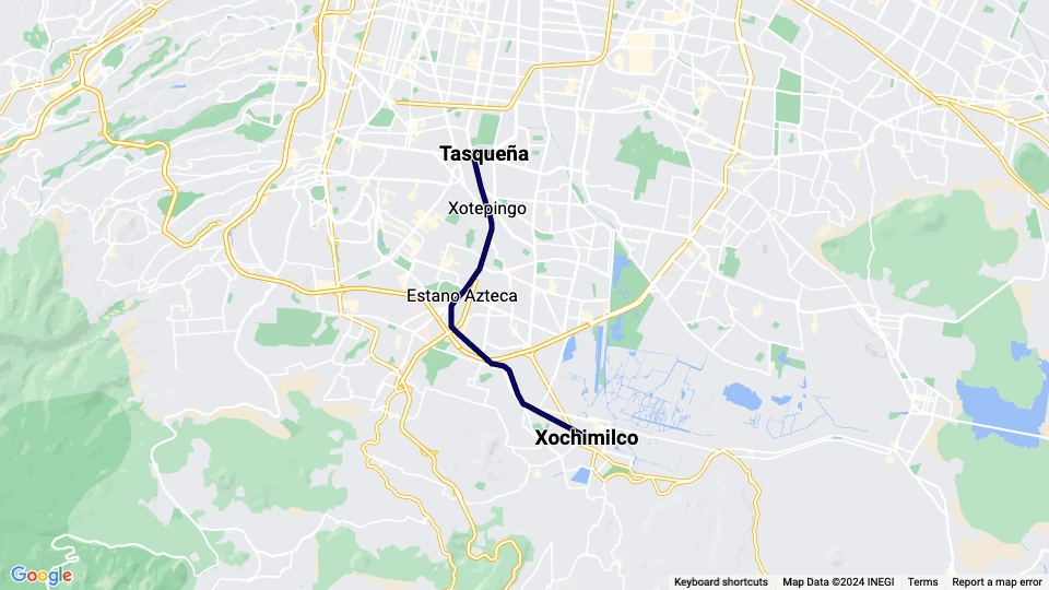 Mexico City sporvognslinje Tren Ligero (TL): Tasqueña - Xochimilco linjekort