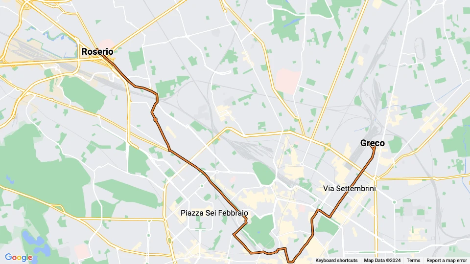 Milano sporvognslinje 1: Greco - Roserio linjekort