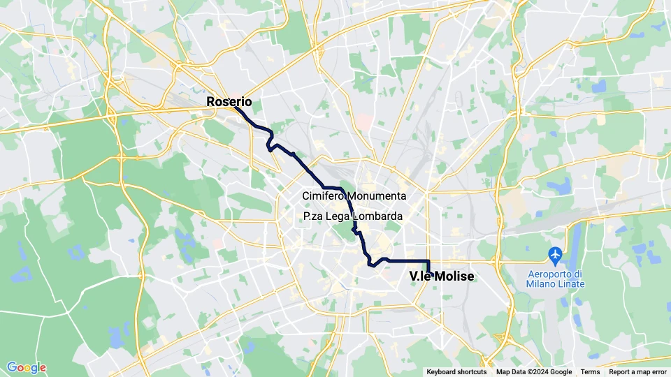 Milano sporvognslinje 12: Roserio - V.le Molise linjekort