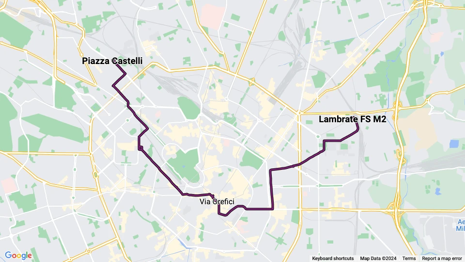 Milano sporvognslinje 19: Lambrate FS M2 - Piazza Castelli linjekort