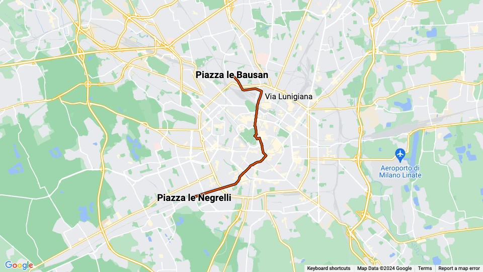 Milano sporvognslinje 2: Piazza le Bausan - Piazza le Negrelli linjekort