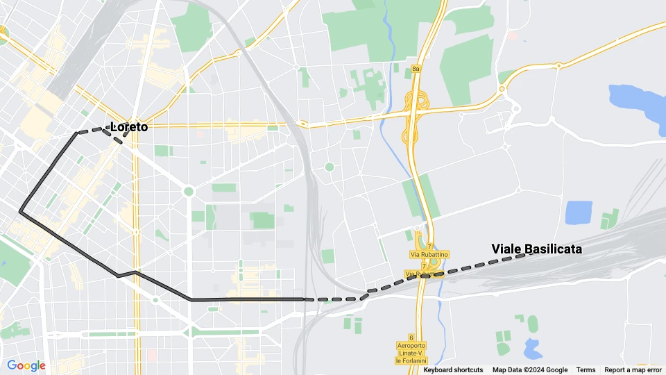 Milano sporvognslinje 22: Loreto - Viale Basilicata linjekort
