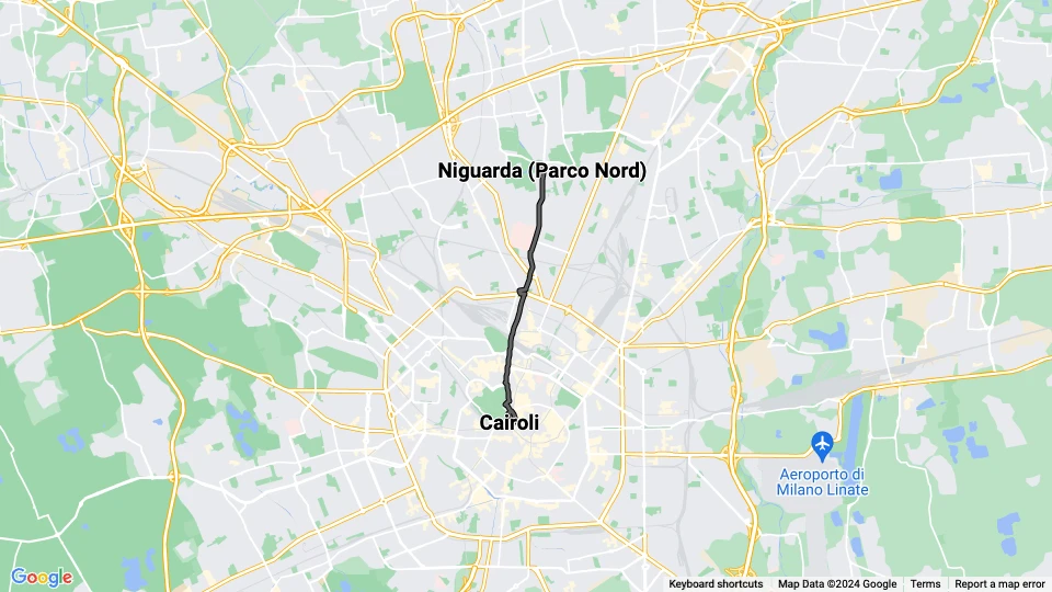 Milano sporvognslinje 4: Niguarda (Parco Nord) - Cairoli linjekort