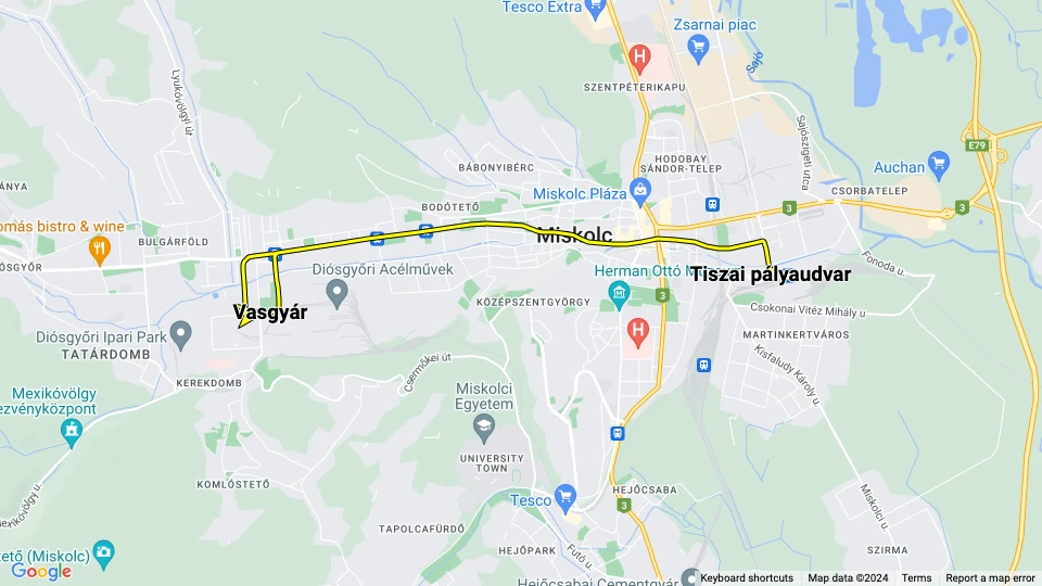Miskolc sporvognslinje 2V: Tiszai pályaudvar - Vasgyár linjekort