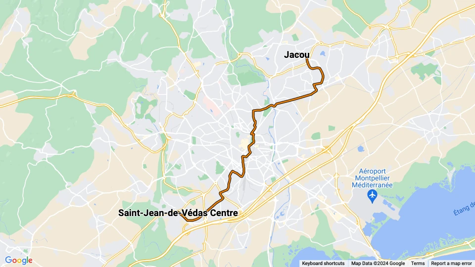 Montpellier sporvognslinje 2: Jacou - Saint-Jean-de-Védas Centre linjekort
