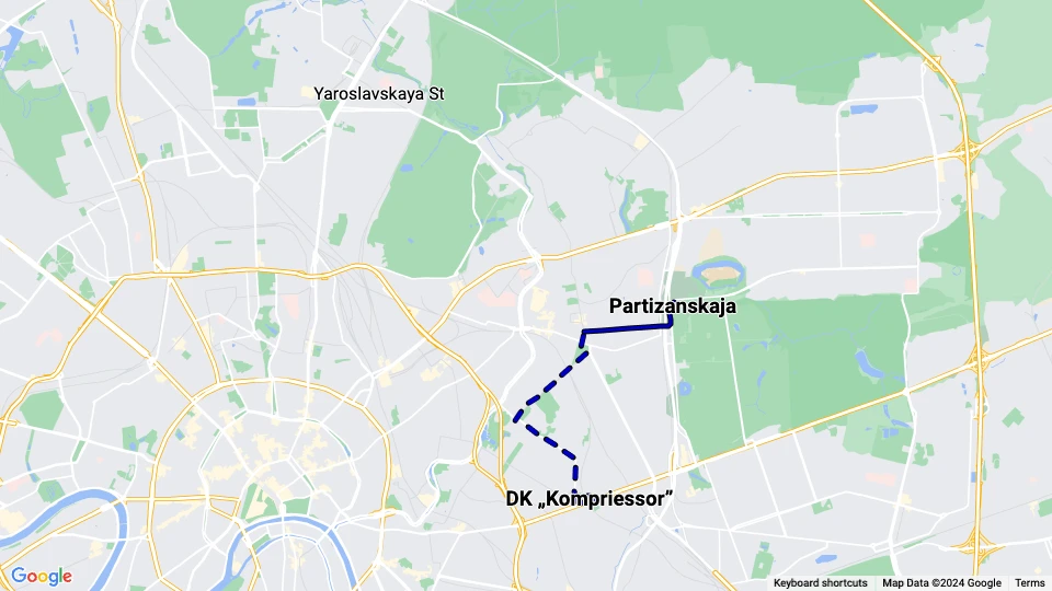 Moskva sporvognslinje 32: Partizanskaja - DK „Kompriessor” linjekort
