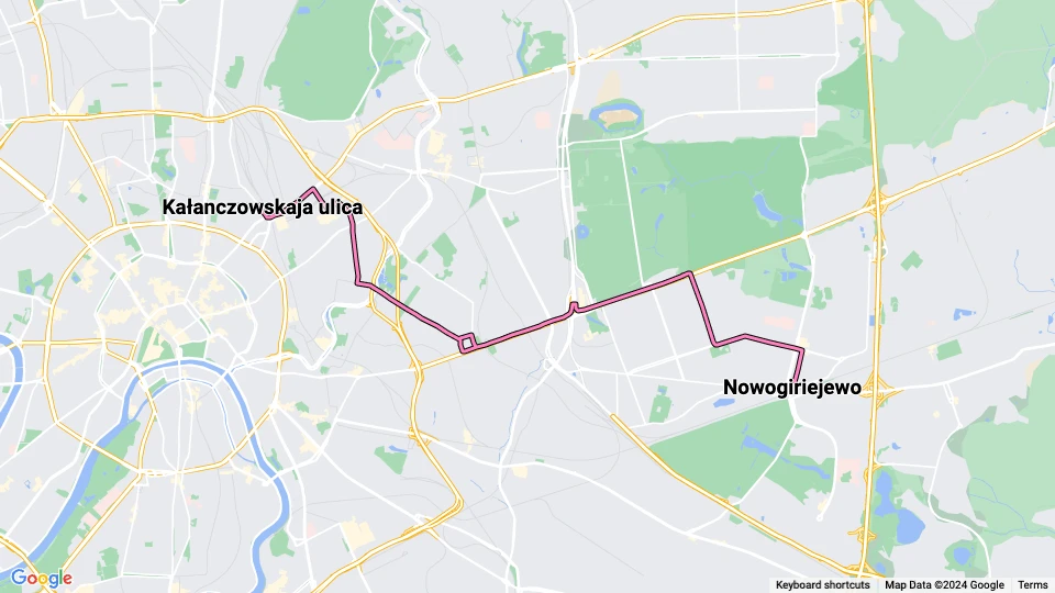 Moskva sporvognslinje 37: Kałanczowskaja ulica - Nowogiriejewo linjekort