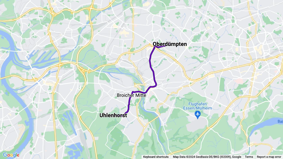 Mülheim an der Ruhr sporvognslinje 102: Uhlenhorst - Oberdümpten linjekort