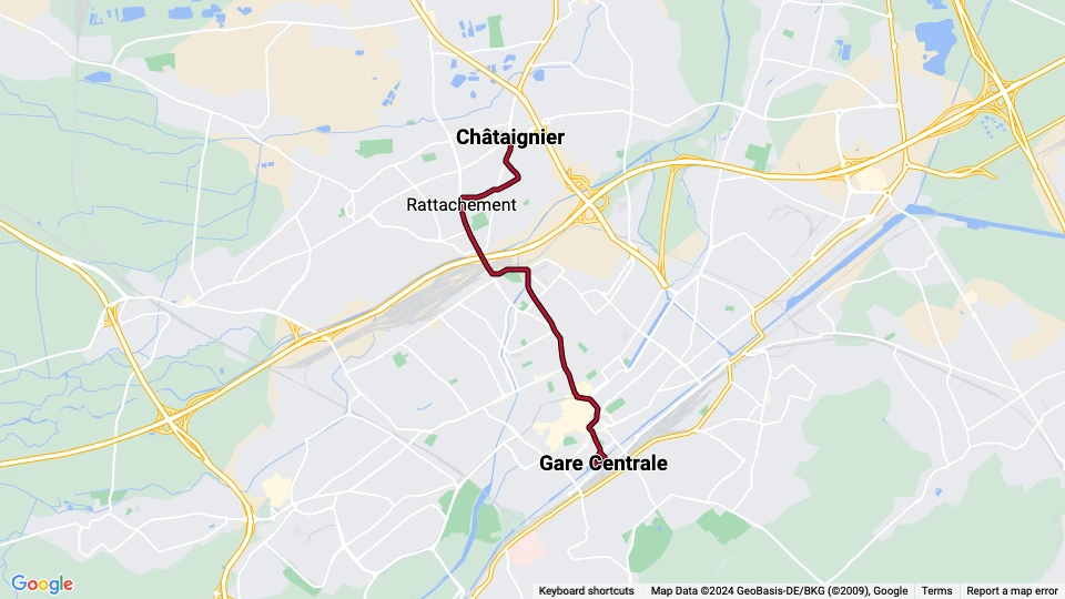 Mulhouse sporvognslinje 1: Gare Centrale - Châtaignier linjekort