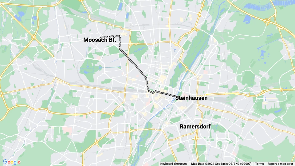 München sporvognslinje 1: Moosach Bf. - Steinhausen linjekort