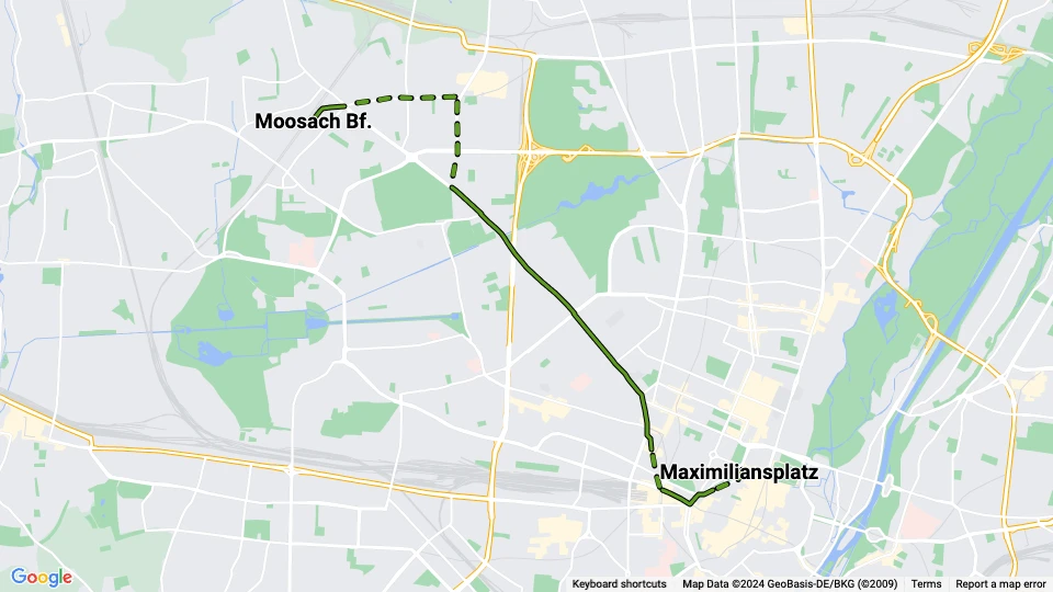 München sporvognslinje 11: Maximiliansplatz - Moosach Bf. linjekort