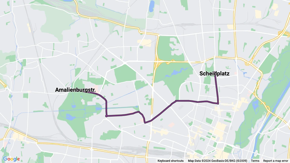München sporvognslinje 12: Scheidplatz - Amalienburgstr. linjekort
