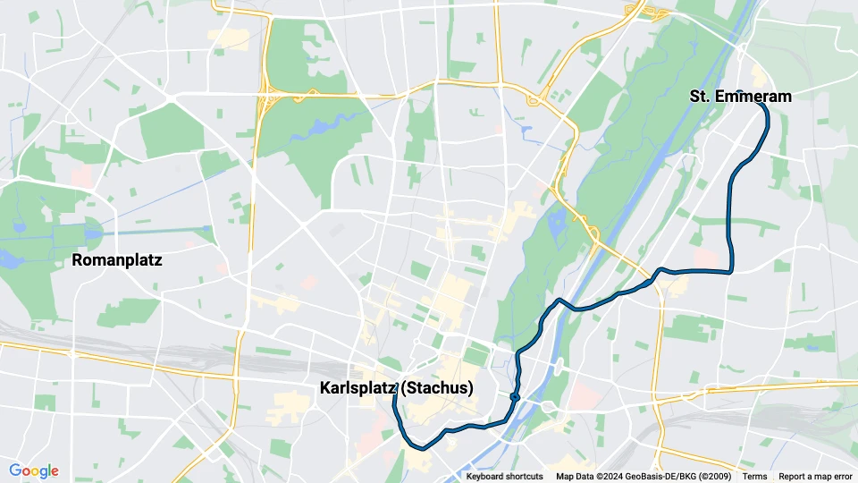 München sporvognslinje 16: St. Emmeram - Karlsplatz (Stachus) linjekort