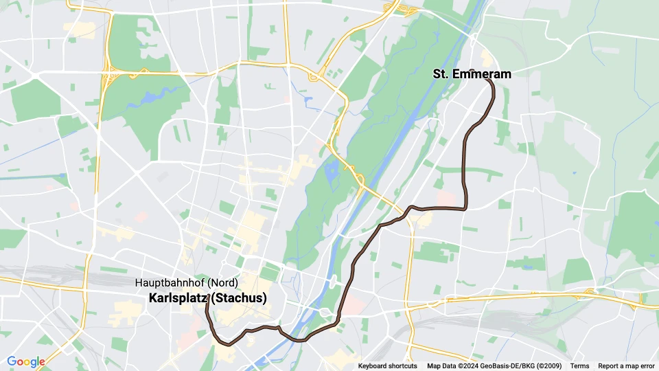 München sporvognslinje 17: St. Emmeram - Karlsplatz (Stachus) linjekort