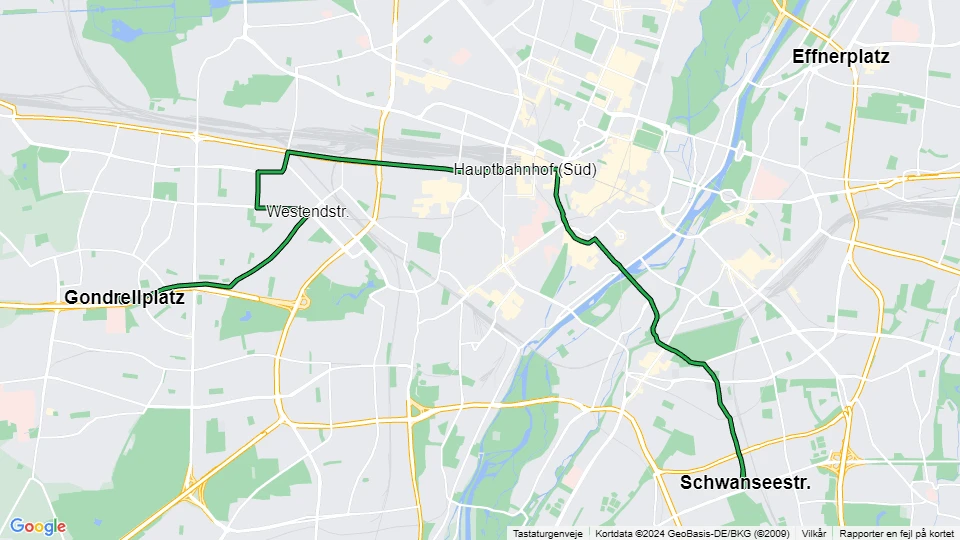 München sporvognslinje 18: Gondrellplatz - Schwanseestr. linjekort